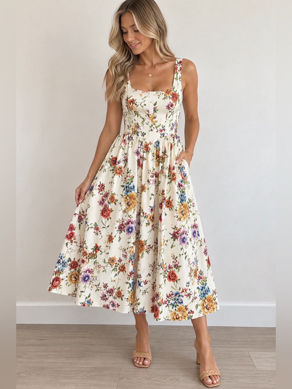 7 For All Mankind Cream Floral Multicolor Corset Midi Dress